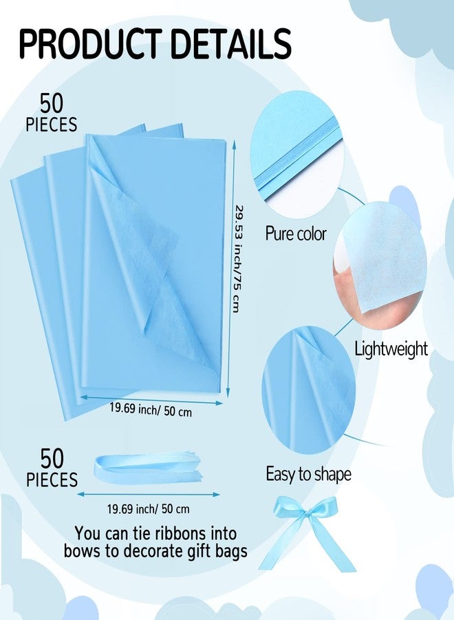 PerKoop 50 Packs Baby Shower Gifts Bags Bulk Baby Shower Favor Bags with Handle Paper and 50 Sheets Decorative Tissue Paper for Guests Gifts Gender Reveal(Blue) - Image 3